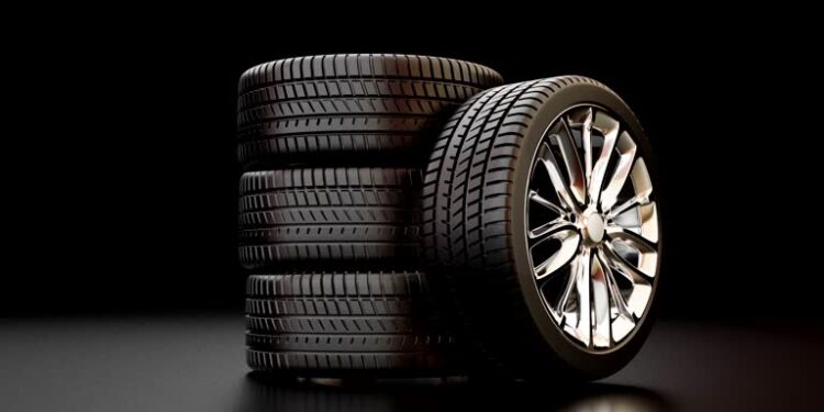 3D tires on black background smooth camera movement